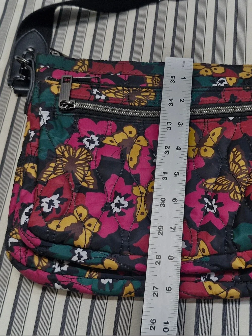 Quilted Floral Butterfly Crossbody Bag Adjustable Strap Multi Pocket Colorful